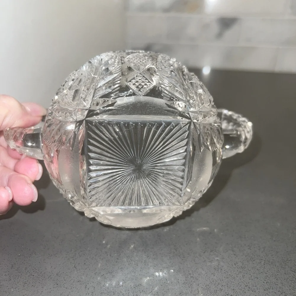 Vtg American Brilliant Period Cut Glass Sugar Bowl Double Handle Sawtooth